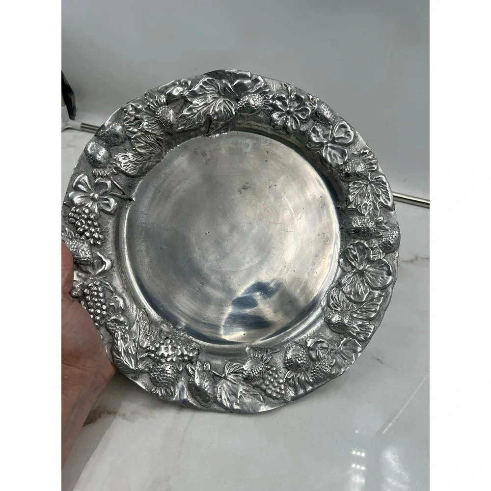 VTG Serving Platter Embossed Strawberries Floral Pewter Style Metal Charger 11.5